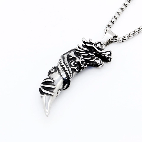 Vintage Stainless Steel Dragon Tooth Pendant Necklace For Men Gothic Punk Retro Silver Black Dragon Totem Jewelry Gift