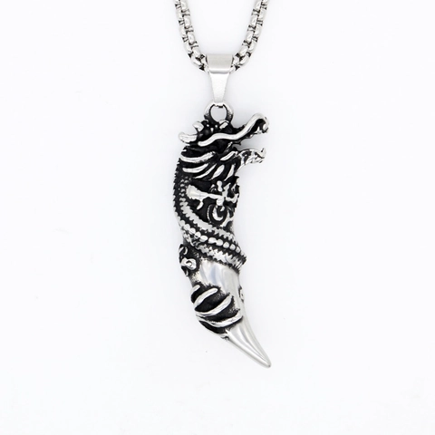 Vintage Stainless Steel Dragon Tooth Pendant Necklace For Men Gothic Punk Retro Silver Black Dragon Totem Jewelry Gift