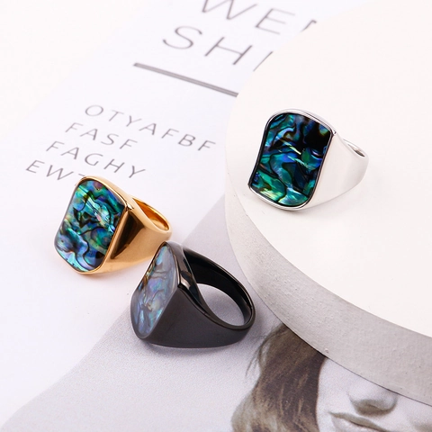Vintage Geometric Abalone Shell Signet Ring For Men Women Titanium Steel Polished Colorful Shell Inlaid Punk Finger Ring Fashion Jewelry