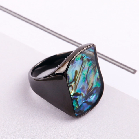 Vintage Geometric Abalone Shell Signet Ring For Men Women Titanium Steel Polished Colorful Shell Inlaid Punk Finger Ring Fashion Jewelry