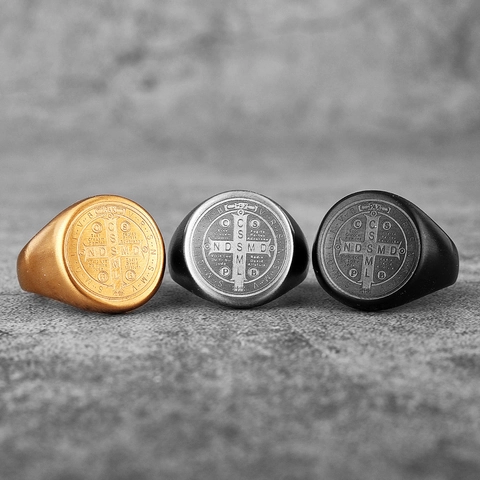 Vintage Titanium Steel Saint Benedict Medal Cross Ring For Men Punk Signet Religious Protection Finger Jewelry Polished Band