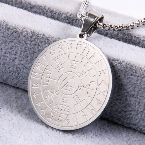 Nordic Viking Vegvisir Compass Valknut Pendant Necklace For Men Women Retro Titanium Steel Rune Round Medallion Gothic Jewelry