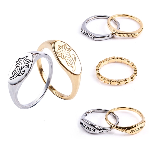 Vintage Titanium Steel Flower Ring For Women Minimalist Stainless Steel Mama Letter Signet Ring Gold Silver Floral Star Band Jewelry
