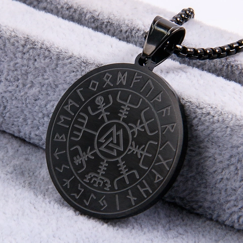 Nordic Viking Vegvisir Compass Valknut Pendant Necklace For Men Women Retro Titanium Steel Rune Round Medallion Gothic Jewelry
