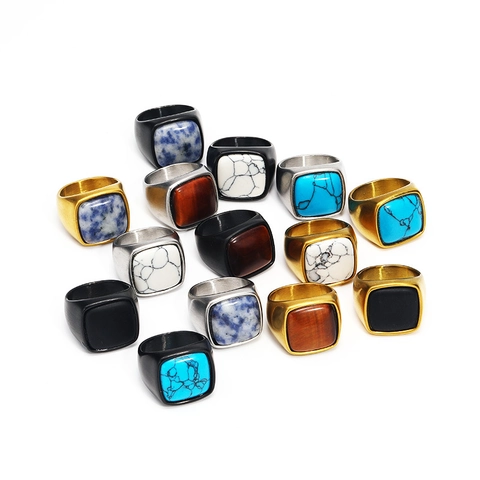 Anello con Sigillo da Uomo Retrò in Acciaio al Titanio Spazzolato con Pietra Naturale Quadrata Occhio di Tigre Onice