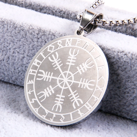 Viking Vegvisir Compass Rune Pendant Necklace For Men Women Titanium Steel Nordic Mythology Round Coin Amulet Jewelry With Box Chain