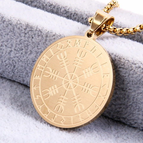 Viking Vegvisir Compass Rune Pendant Necklace For Men Women Titanium Steel Nordic Mythology Round Coin Amulet Jewelry With Box Chain