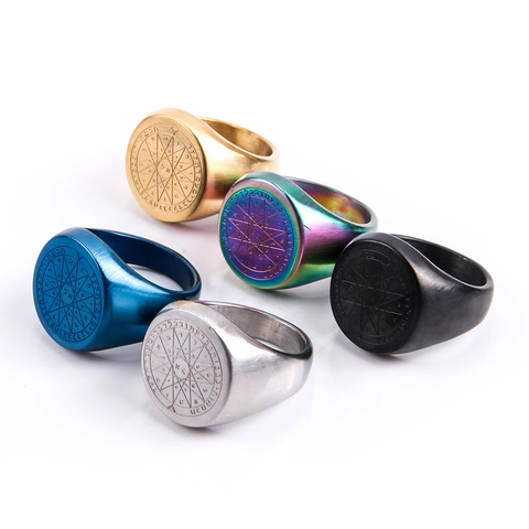 Anello da Uomo in Acciaio al Titanio Vintage Sigillo Bussola Stella di Salomone Ettagramma Anello Punk Gioielli Occulti Regalo