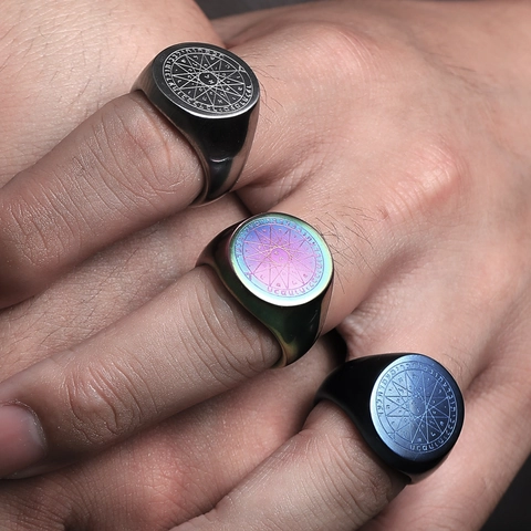 Anello da Uomo in Acciaio al Titanio Vintage Sigillo Bussola Stella di Salomone Ettagramma Anello Punk Gioielli Occulti Regalo
