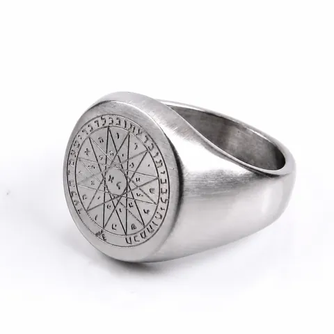 Men's Vintage Titanium Steel Signet Ring Compass Solomon Star Heptagram Round Band Ring Punk Mystical Occult Jewelry Gift