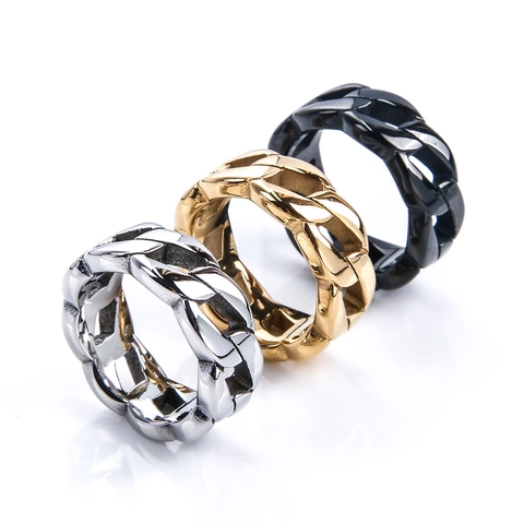 Unisex Stainless Steel Cuban Link Ring Hollow Chain Finger Ring Punk Hip Hop Street Style Jewelry For Men Women
