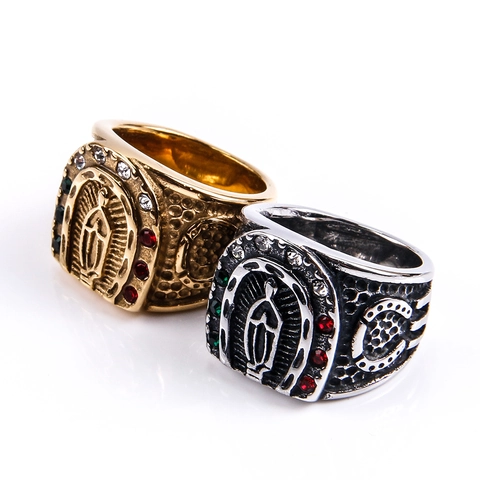 Vintage Titanium Steel Virgin Mary Horseshoe Ring Hip Hop Men Gold Silver Color Religious Rhinestone Inlaid Signet Ring