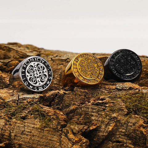 Men's Vintage Saint Benedict Medal Signet Ring Titanium Steel Hip Hop Religious Cross Gothic Punk Band Ring Jewelry Gift