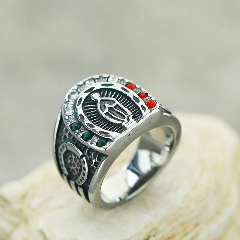 Vintage Titanium Steel Virgin Mary Horseshoe Ring Hip Hop Men Gold Silver Color Religious Rhinestone Inlaid Signet Ring