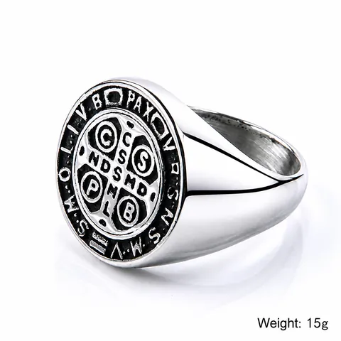 Men's Vintage Saint Benedict Medal Signet Ring Titanium Steel Hip Hop Religious Cross Gothic Punk Band Ring Jewelry Gift