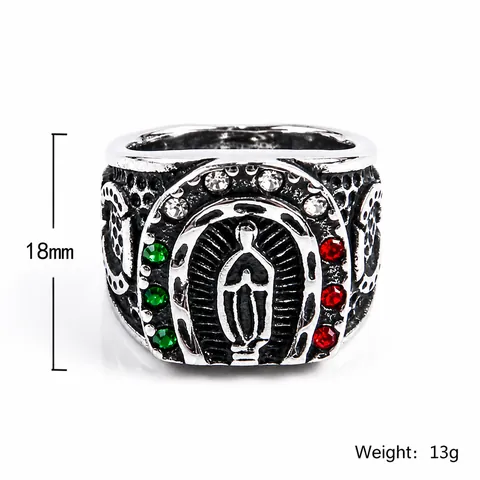 Bague Fer à Cheval en Acier au Titane Vintage Vierge Marie Hip Hop Homme Or Argent Strass Incrusté Bague Chevalière