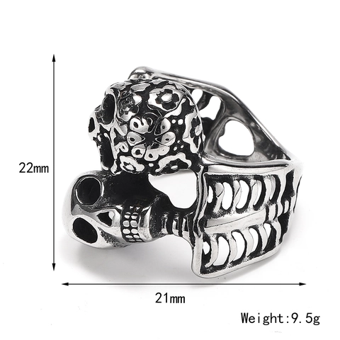 Vintage Stainless Steel Double Skull Ring For Men Punk Gothic Skeleton Rib Cage Hollow Out Band Ring Biker Jewelry Gift