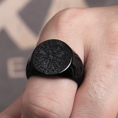 Viking Compass Vegvisir Rune Stainless Steel Ring For Men Nordic Mythology Wolf Head Relief Retro Punk Jewelry Signet Ring