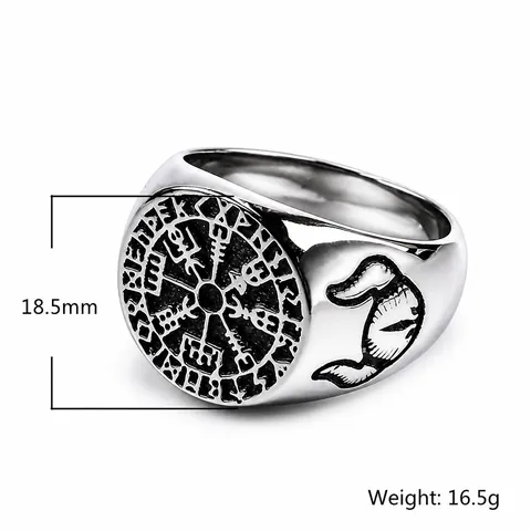 Viking Compass Vegvisir Rune Stainless Steel Ring For Men Nordic Mythology Wolf Head Relief Retro Punk Jewelry Signet Ring