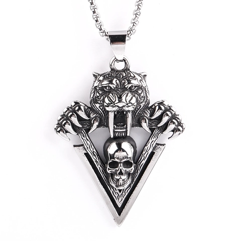 Collier Pendentif Crâne de Tigre à Dents de Sabre en Acier Inoxydable pour Homme Gothic Punk Animal Tête de Tigre Bijoux Streetwear