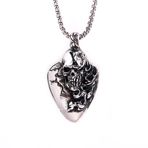 Retro Skull Titanium Steel Pendant Necklace Men Hip Hop Guitar Pick Shape Stainless Steel Polished Gothic Jewelry Charm