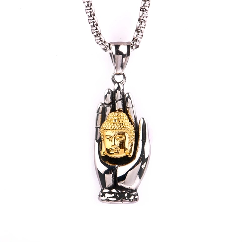 Retro Titanium Steel Buddha Palm Pendant Necklace For Men Religious Gold Buddha Head Steel Color Box Chain Hip Hop Fashion