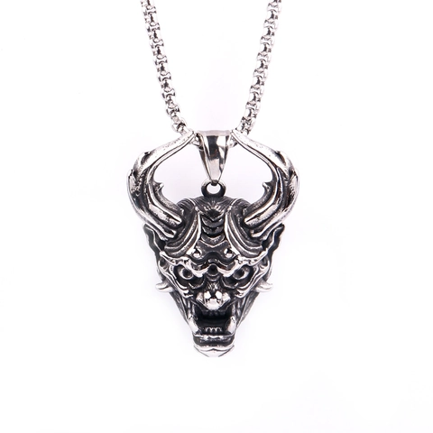 Retro Stainless Steel Hannya Mask Devil Pendant Necklace For Men Gothic Punk Ghost Head Jewelry Polished Demon Face Pendant