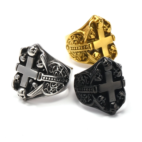Anello Vintage in Acciaio Inossidabile con Croce e Teschio per Uomo Gioielli Religiosi Punk Biker Gotici
