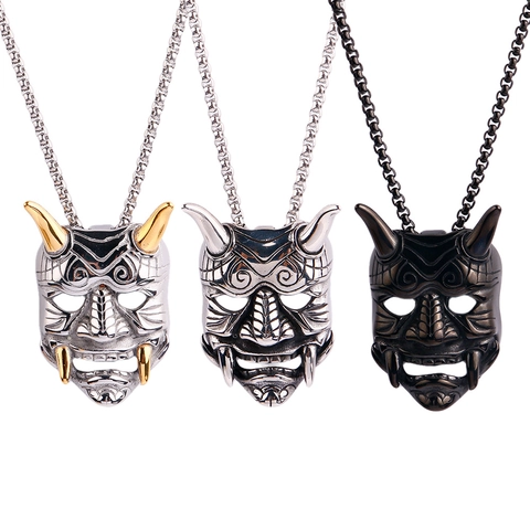 Japanische Hannya Maske Anhänger Halskette Für Herren Retro Punk Titanstahl Oni Geisterkopf Totenkopf Kette Gothic Biker Schmuck