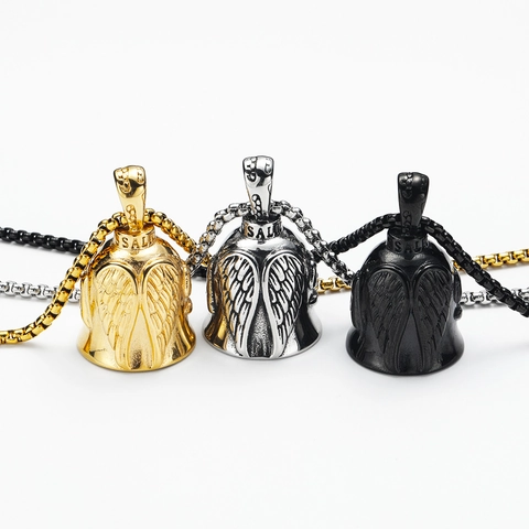 Vintage Stainless Steel Eagle Wing Bell Pendant Necklace Retro Punk Biker Guardian Bell Jewelry For Men Women Daily Accessory