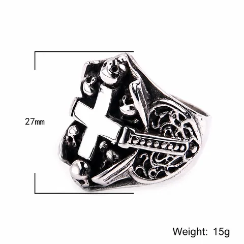 Anello Vintage in Acciaio Inossidabile con Croce e Teschio per Uomo Gioielli Religiosi Punk Biker Gotici