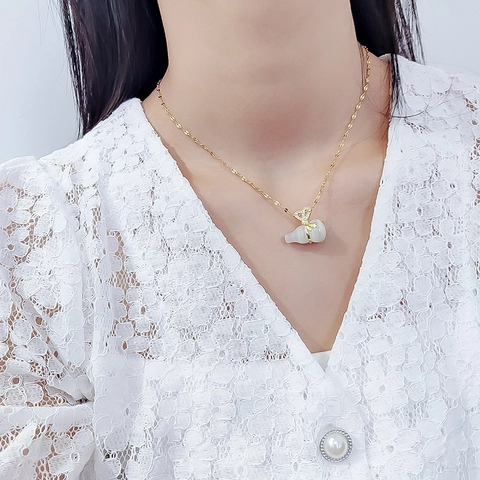 Elegante Collana Con Ciondolo a Zucca in Acciaio al Titanio per Donna Giada Artificiale Strass Fiocco Catena Clavicola Gioielli Placcato Oro