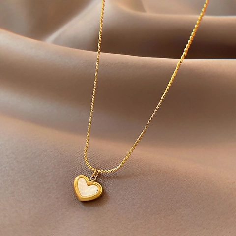French Vintage White Mother Of Pearl Heart Necklace Bracelet Set For Women Titanium Steel Gold Plated Heart Pendant Jewelry