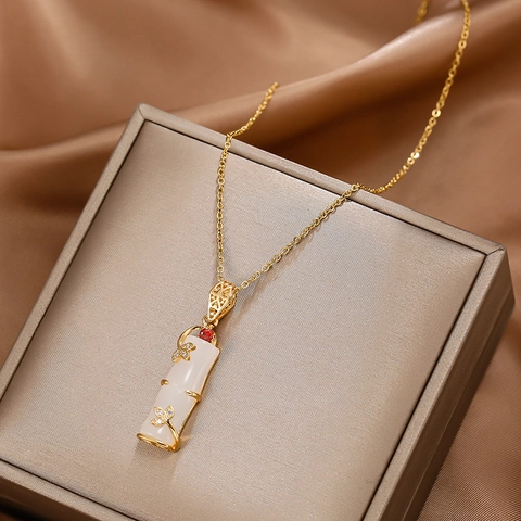Gold Plated Stainless Steel Bamboo Joint Necklace For Women Faux Jade Red Zirconia Minimalist New Chinese Style Jewelry