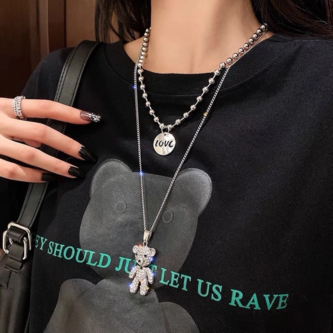 Hip Hop Layered Titanium Steel Ball Chain Necklace Alloy Rhinestone Crystal Bear Pendant Round Love Card Sweater Chain Women Men Jewelry