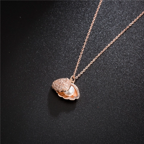 French Vintage Stainless Steel Shell Necklace Openable Shell Shape Artificial Pearl Rhinestone Clavicle Chain For Women