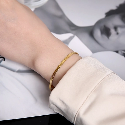 Minimalist 18K Gold Plated Titanium Steel Flat Snake Bone Chain Bracelet Anklet Necklace For Women Elegant Commute Jewelry