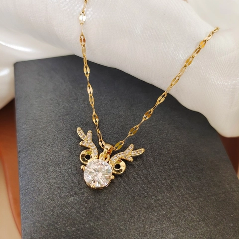 Titanium Steel Elk Pendant Necklace For Women Dainty Moose Antler Rhinestone Clavicle Chain Necklace Korean Style Fashion Jewelry