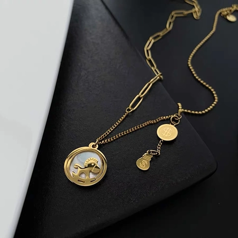 Titanium Steel Mother Of Pearl Horse Pendant Necklace With Money Bag Dollar Sign Charms Light Luxury Jewelry For Women