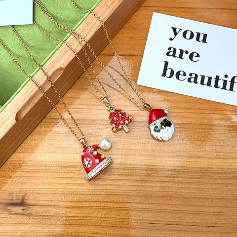 Kerst Hanger Halsketting Roestvrij Staal Verguld Emaille Kerstman Boom Muts Strass Kunstparel Vrouwen Sieraden Festival Cadeau