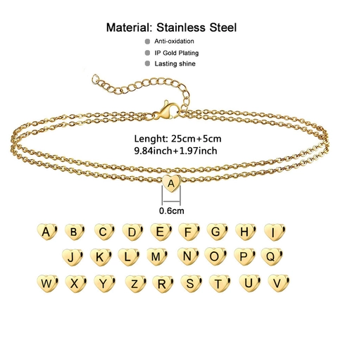 Stainless Steel Double Layer Heart Initial Bracelet For Women Gold Silver Vacuum Plating Alphabet Letter Charm Anklet Jewelry Gift
