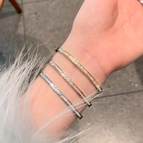 Elegant Stainless Steel Single Row Rhinestone Bangle Oval Gypsy Fashion Jewelry Gold Rose Gold Silver Bangle Bracelet For Women