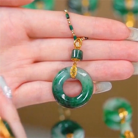 Collar con Colgante de Hebilla Ping'an Verde Degradado Vintage Aleación Chapada en Oro Cadena de Clavícula Mujer Elegante