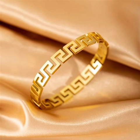 Vintage Stainless Steel Greek Key Hollow Bracelet And Ring For Women Men Gold Silver Plated Geometric Meander Jewelry Gift