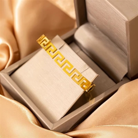 Vintage Stainless Steel Greek Key Hollow Bracelet And Ring For Women Men Gold Silver Plated Geometric Meander Jewelry Gift