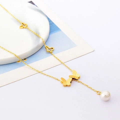Butterfly Artificial Pearl Tassel Necklace Gold Plated Titanium Steel Elegant Minimalist Delicate Jewelry Gift For Women