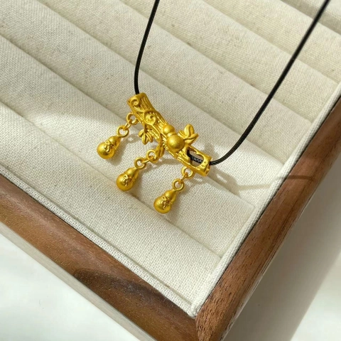 Vintage Chinese Style Copper Gold Plated Lotus Calabash Buddha Head Pendant Necklace With Black Cord Lucky Bag Jewelry For Women
