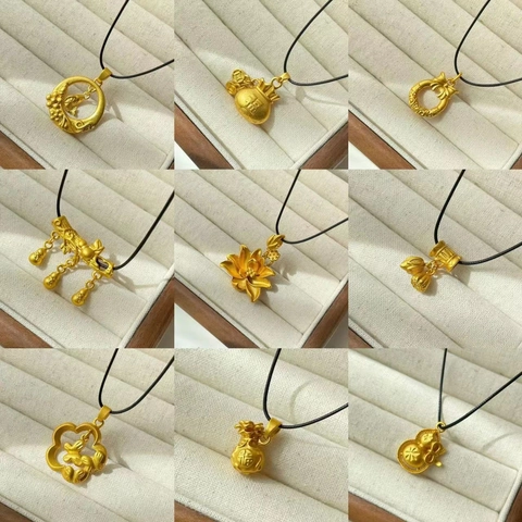 Vintage Chinese Style Copper Gold Plated Lotus Calabash Buddha Head Pendant Necklace With Black Cord Lucky Bag Jewelry For Women