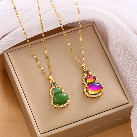 Collana a Zucca in Nuovo Stile Cinese Collana con Ciondolo Wulu in Acciaio al Titanio Placcato Oro con Strass Gioielli Portafortuna Regalo per Donna