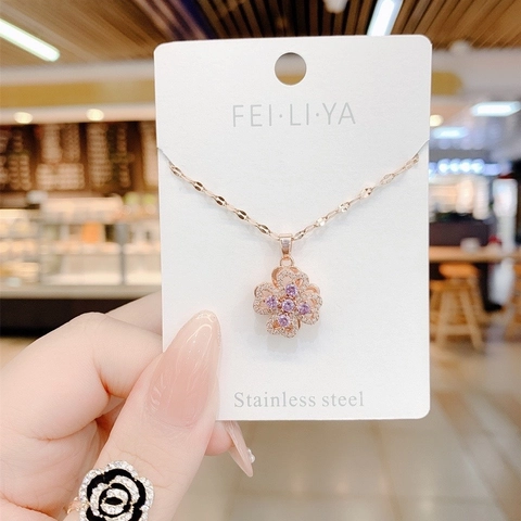Rotating Purple Flower Four-Leaf Clover Pendant Necklace For Women Stainless Steel Rhinestone Lucky Clavicle Chain Jewelry